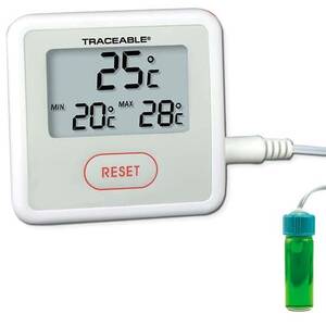 Digi-Sense Traceable Sentry Triple-Display Thermometer with Calibration, Celsius; 5 mL Bottle Probe - 94460-97