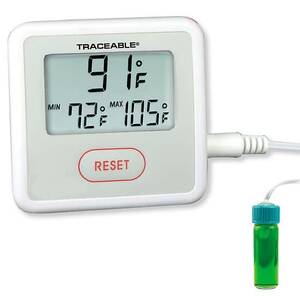 Digi-Sense Traceable Sentry Triple-Display Thermometer with Calibration, Fahrenheit; 5 mL Bottle Probe - 94460-96